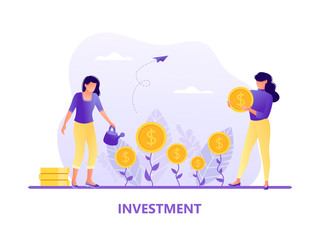 Investment. People grow coins, money. Business success. Flat concept vector illustration for web page, website and mobile, isolated on white.