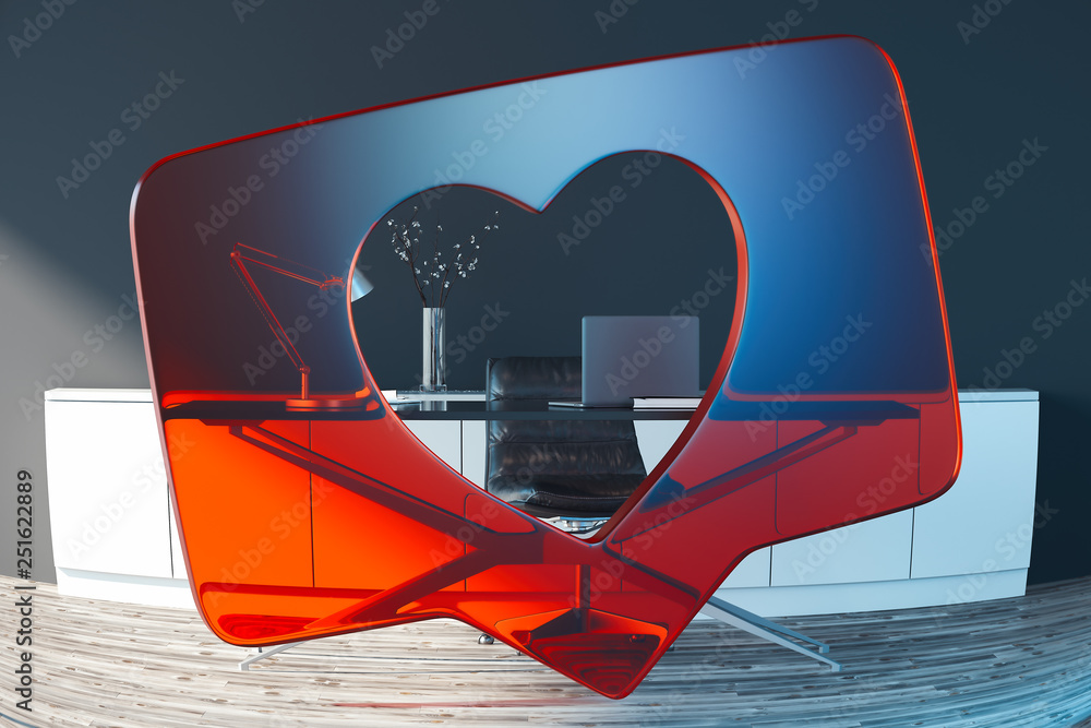 Poster transparent red heart like symbol with desk on background. 3d rendering.