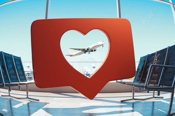 Transparent Red heart Like symbol with air plane on background. 3d rendering.