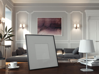 Blank photo frame on wooden table in stylish living room. 3d rendering.
