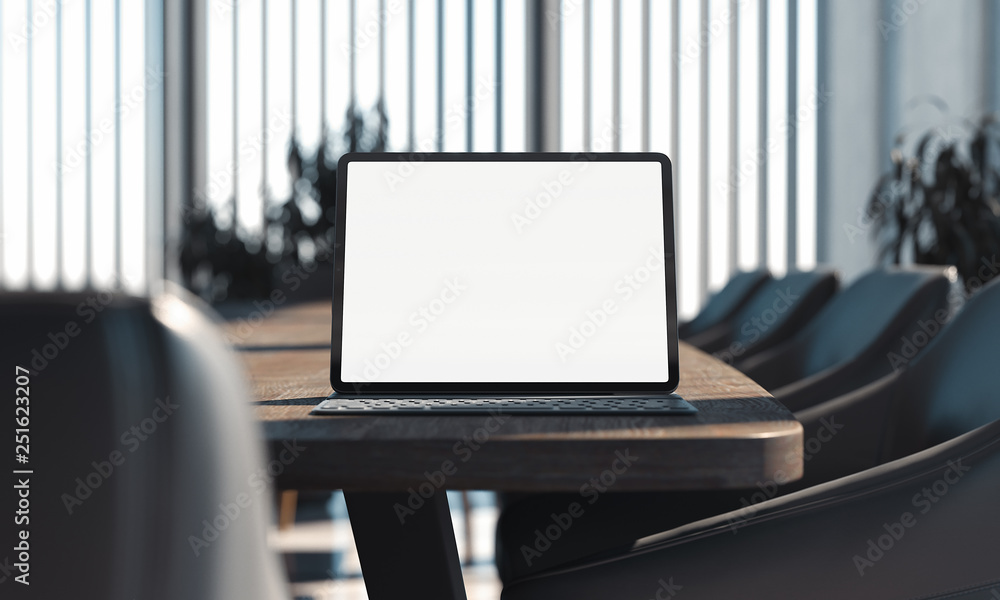 Poster tablet with blank white screen and keyboard on table. workspace. 3d rendering.