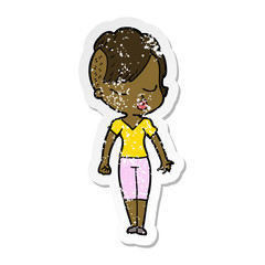 distressed sticker of a cartoon pretty hipster girl