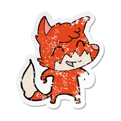 distressed sticker of a happy cartoon fox