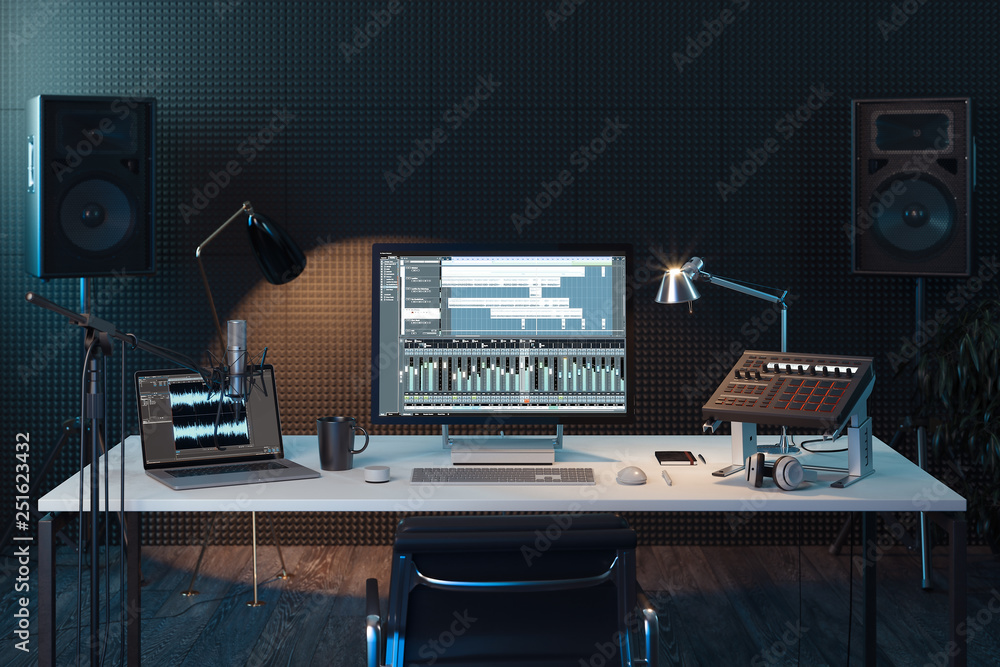 Poster studio computer music station. professional audio mixing console. 3d rendering.