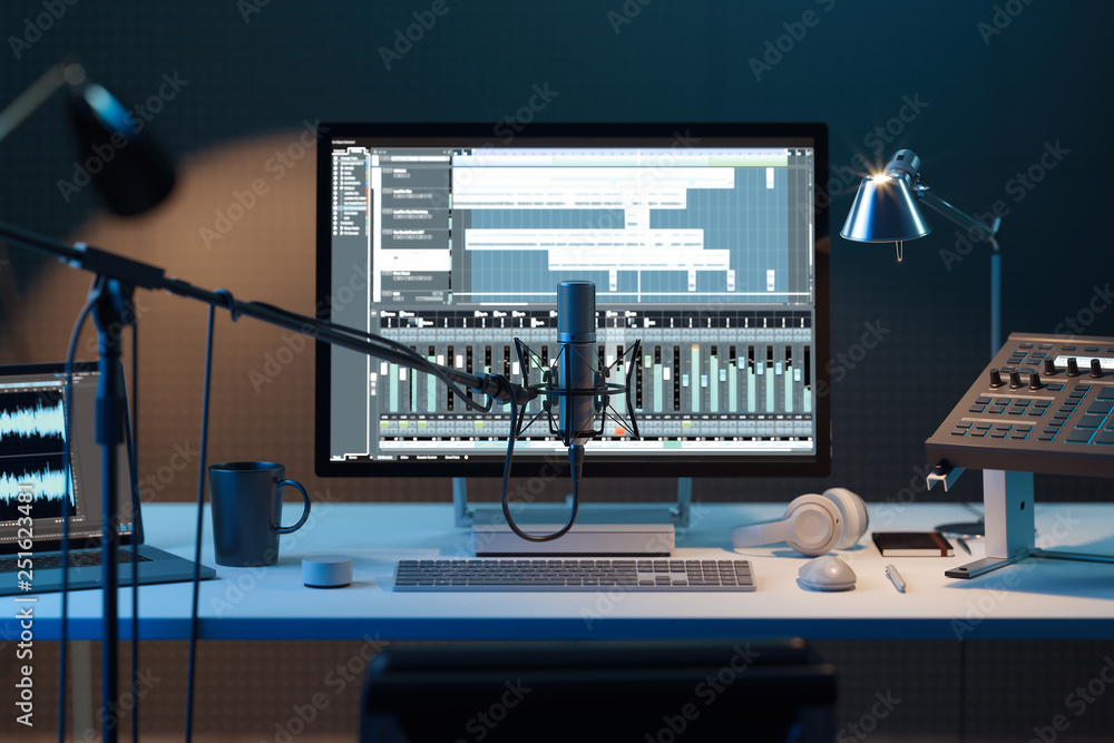 Poster studio computer music station. professional audio mixing console. 3d rendering.