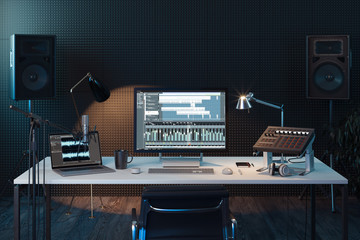 Studio Computer Music Station. Professional audio mixing console. 3d rendering. - obrazy, fototapety, plakaty