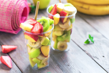 Pink Yoga Mat and Fruit Salad To Go