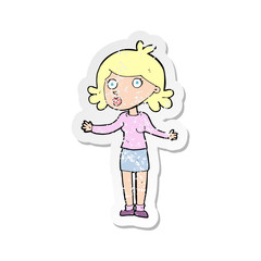 retro distressed sticker of a cartoon confused woman