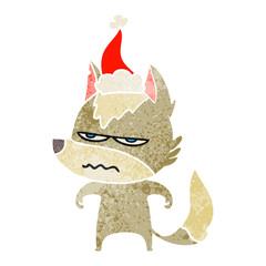 retro cartoon of a annoyed wolf wearing santa hat