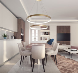 Modern interior design of small apartment 3D Rendering