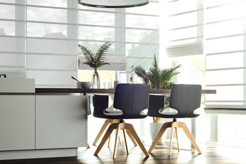 Bright kitchen with breakfast table and chairs. 3d rendering