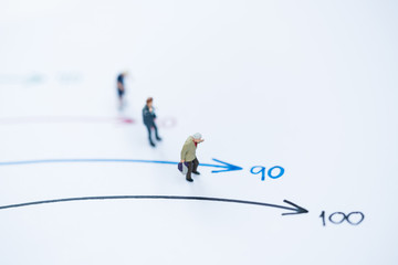 Miniature people: Small old women figures standing on age mile arrow. An aging society and pension...