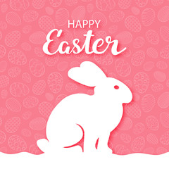 Easter simple postcard. Outlines of a hare in profile on a red background with a pattern of eggs. With congratulatory inscription. For your design.