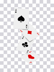Four aces poker cards falling isolated on transparent background vector illustration