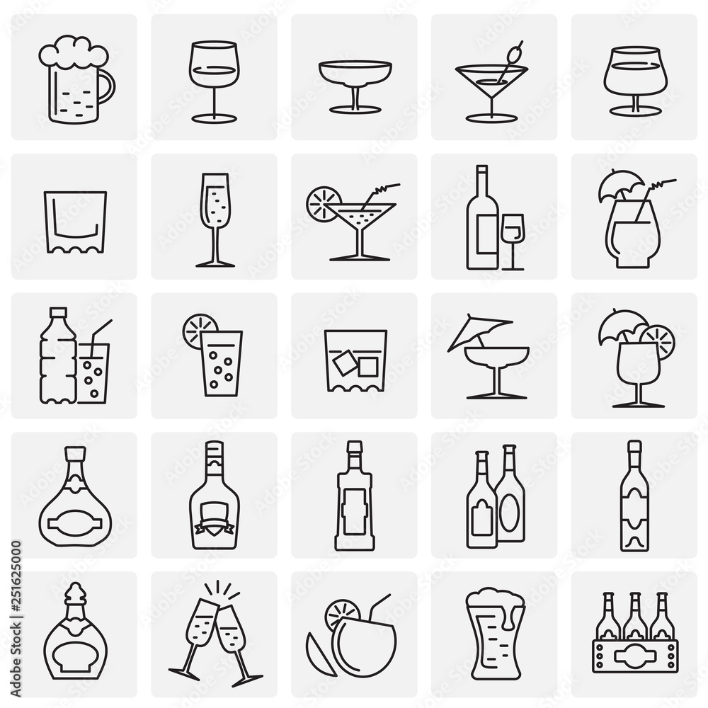 Poster beverage line icons set on squares background for graphic and web design, modern simple vector sign.