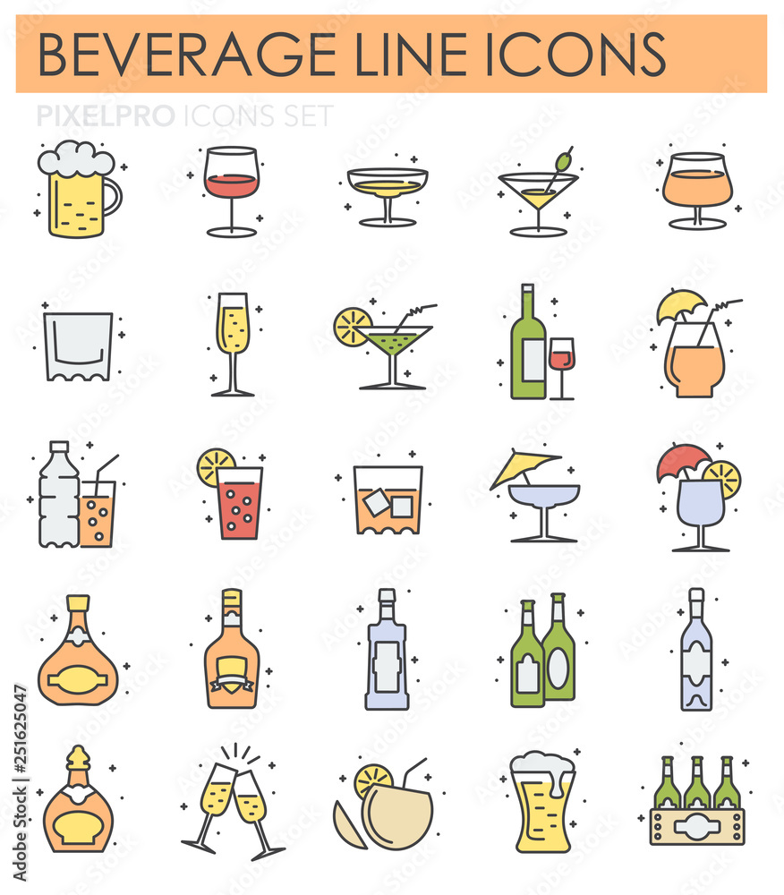 Poster beverage line color icons set on white background for graphic and web design, modern simple vector s
