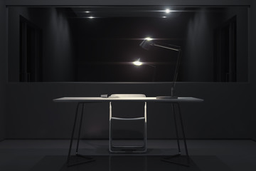 Dark interrogation room with switched-on lamp and big mirror, 3d rendering. - obrazy, fototapety, plakaty