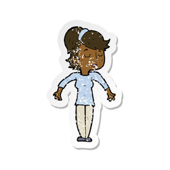 Obraz premium retro distressed sticker of a cartoon friendly woman shrugging shoulders