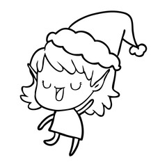 line drawing of a elf girl wearing santa hat