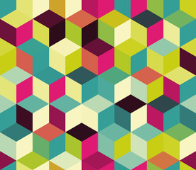 Seamless geometric pattern of colored triangles.
