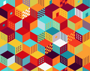 Seamless pattern with multicolored 3D cubes. Geometric background with hexagons.