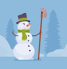 Cute snowman figure with a mop. Funny kid friendly snow model in old top hat standing outdoors, winter holiday activities for children and christmas decoration ideas to enjoy. Vector illustration