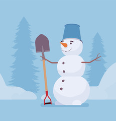 Funny snowman standing with spade. Classic three-ball carrot nosed snow model wearing bucket standing outdoors, cute smiley face, kids winter fun and holiday symbol. Vector illustration