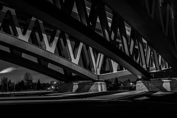 Arches of a Big Bridge at Night, Bridge Construction, black and white