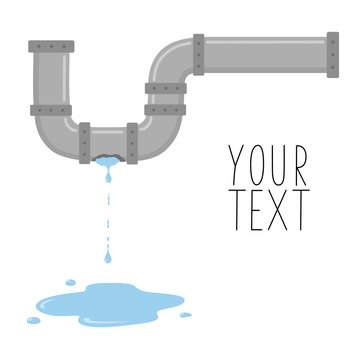 Leaking pipe with flowing water vector illustration. There is space for text