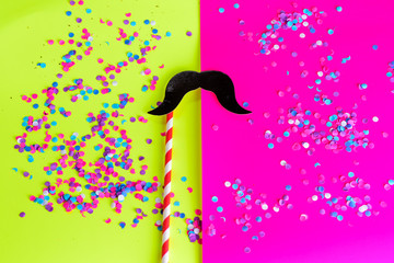 Happy Father’s Day greeting card. Flat lay style. Design with mustache on bright background.