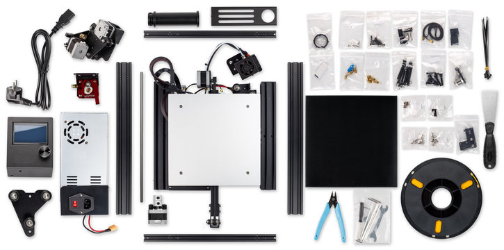 3D printer printing self building DIY kit all parts isolated on white background
