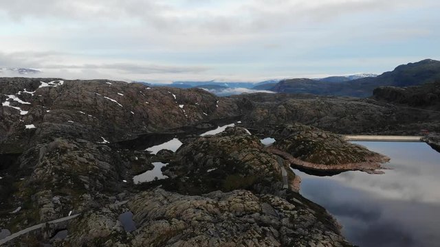 Aerial view. Lakes in stone rocky mountains, morning time. Norway landscape. Norwegian national tourist scenic route Ryfylke