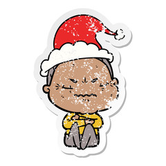 distressed sticker cartoon of a annoyed old lady wearing santa hat