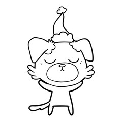 cute line drawing of a dog wearing santa hat