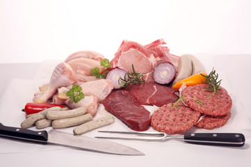 raw meat. Different types of raw pork meat, chicken and beef with spices and herbs