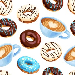 Vector seamless pattern with coffee and donuts