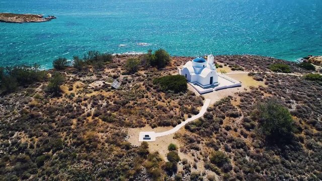 Aerial landscape with small church at island, Greece