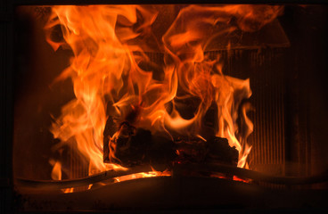 The texture of the fire burning in the fireplace.