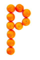 Letter solved with tangerines isolated on white background. Mandarine «P» letter