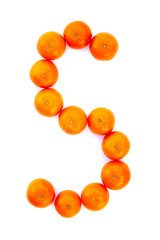 Letter solved with tangerines isolated on white background. Mandarine «S» letter
