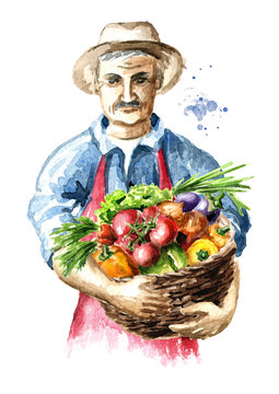 Senior farmer with freshly picked vegetables in basket. Watercolor hand drawn illustration, isolated on white background