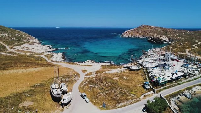 Aerial landscape of coast with boats, Paros, Greece