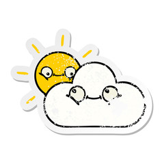 distressed sticker of a cute cartoon sunshine and cloud