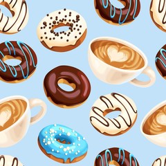 Vector seamless pattern with coffee and donuts