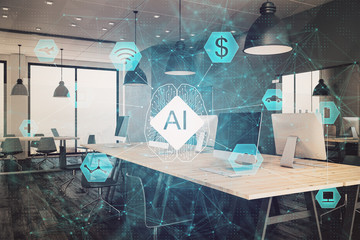 AI (Artificial Intelligence) concept. deep learning. Double exposure modern office background. 3d render