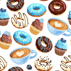 Vector seamless pattern with coffee and donuts