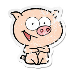 distressed sticker of a cheerful sitting pig cartoon