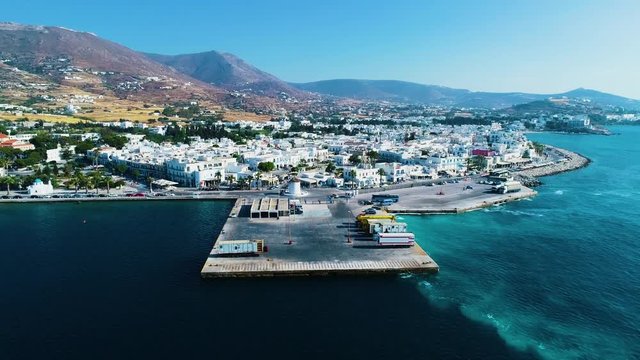 Aerial view of the dock with Paros island on a background