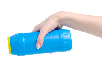 Blue bottle detergent powder in hand on white background isolation