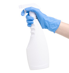 White cleaning spray with yellow rag in cleaning glove hand on white background isolation